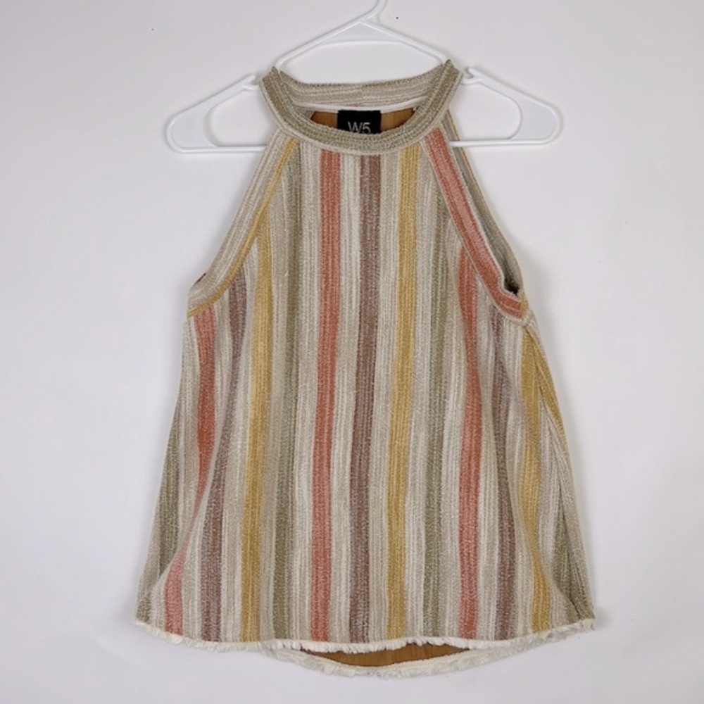 W5 Anthropologie knit halter with fringe hem tan rust yellow green strip…